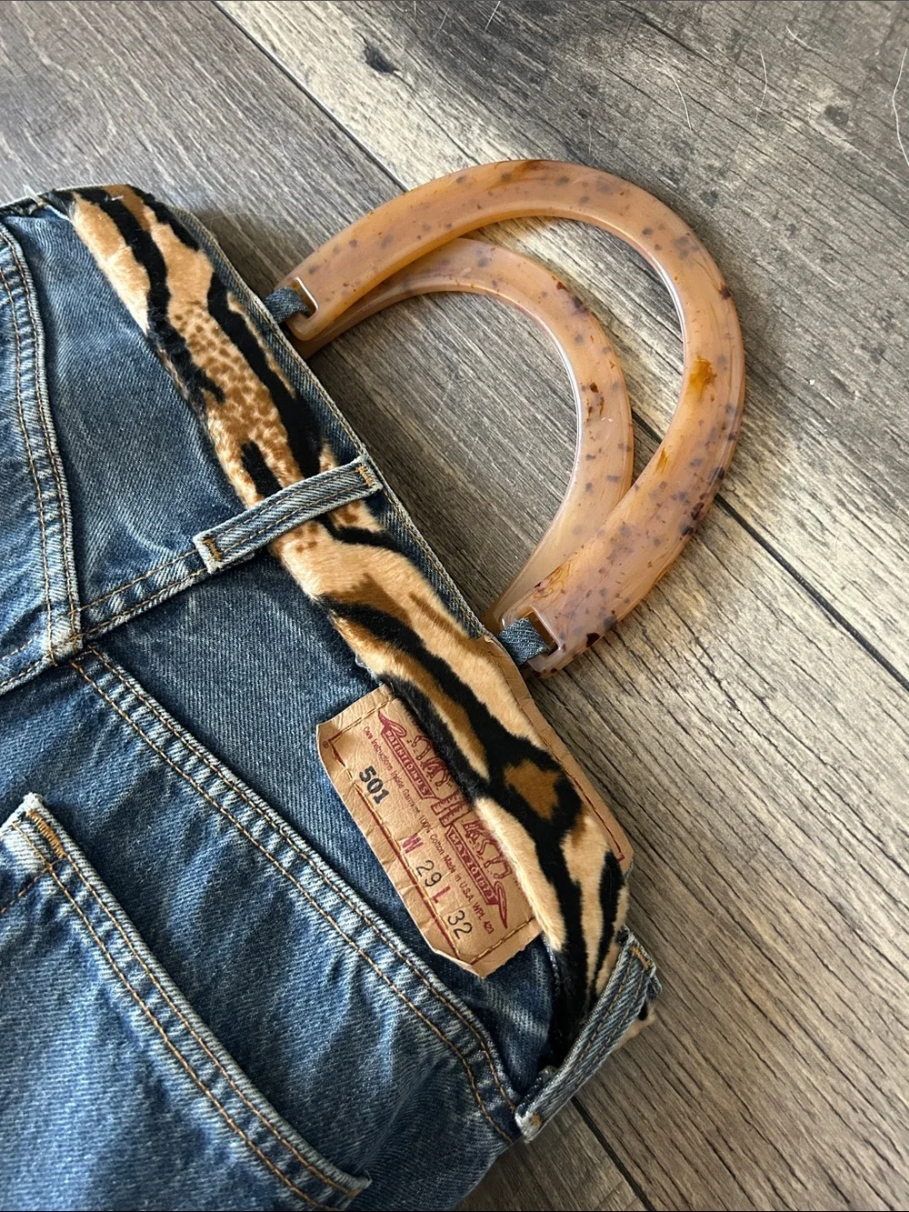 Levi's Denim Satchel with Tiger Print and Amber Handles